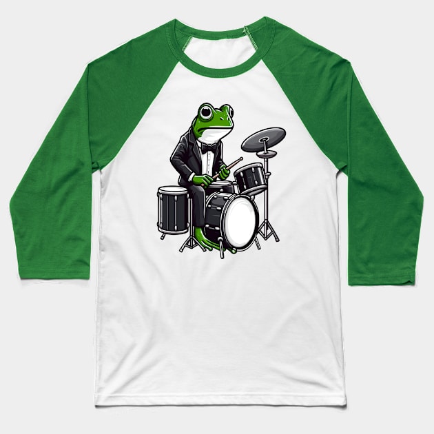 Frog Playing Drums Baseball T-Shirt by Graceful Designs